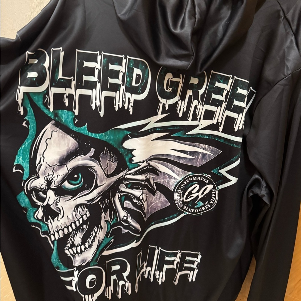 Bleed Green Graphic Hoodie Jacket - Black with Teal Skull
